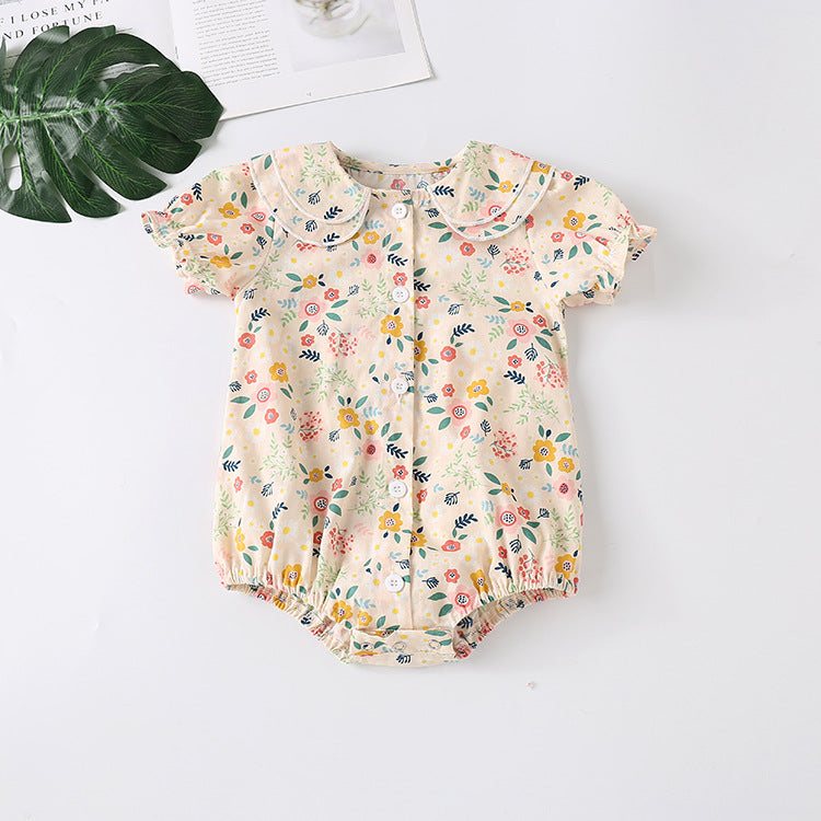 Baby Girl Froral Print Pattern Shirt With Double Collar Design Short Sleeved Onesies-0