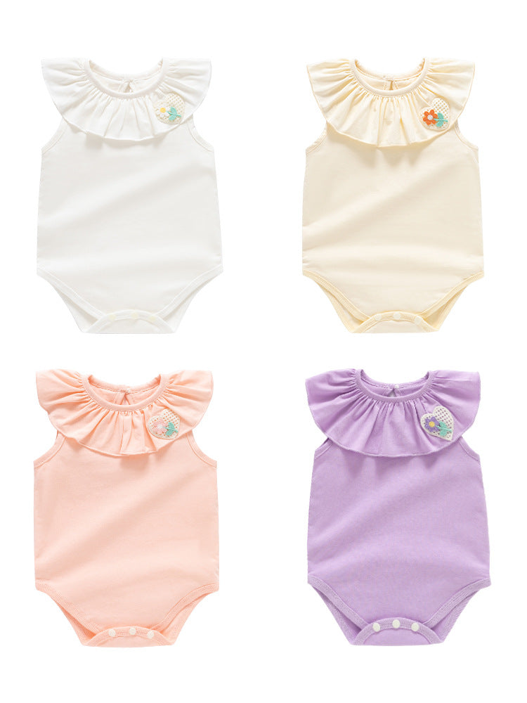 Summer Hot Selling Cheap Baby Kids Girls Sleeveless Flower And Heart Embroidery Ruffle Collar Solid Color Onesies-0