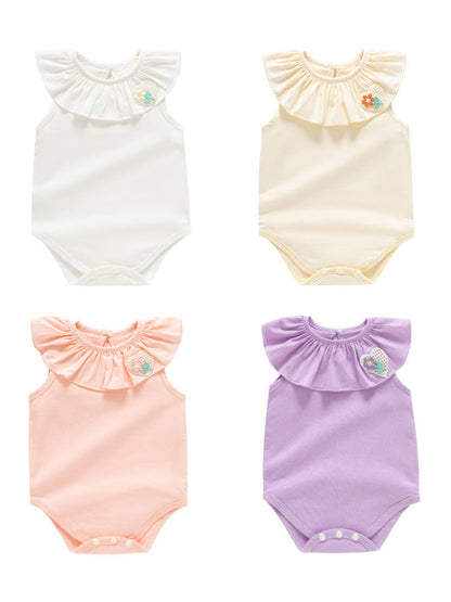 Summer Hot Selling Cheap Baby Kids Girls Sleeveless Flower And Heart Embroidery Ruffle Collar Solid Color Onesies-0