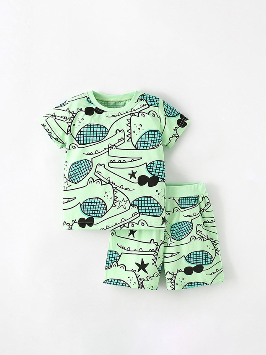 Summer Baby Kids Unisex Alligator Animals Cartoon Pattern Short Sleeves T-Shirt And Shorts Casual Clothing Set-0