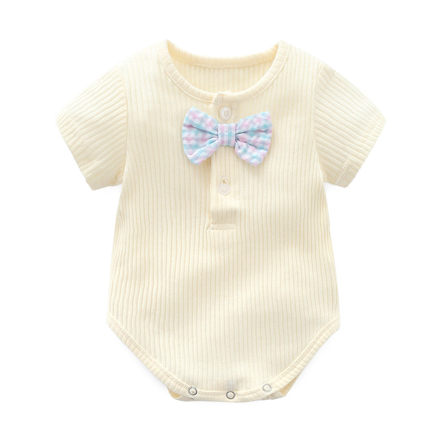 Baby Boy And Girl Solid Color Bow Tie Design Short Sleeve Buttoned Onesies-5