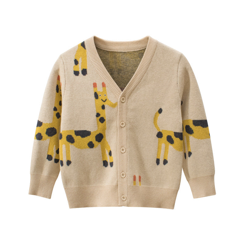 Baby Cartoon Deer Pattern Single Breasted Design V-Neck Cardigan-4