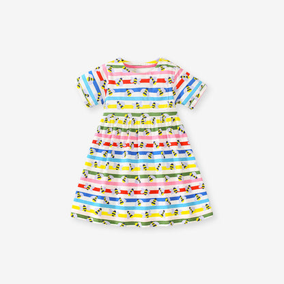 Baby Girls Rainbow Striped Short Sleeves Bees Pattern Dress-4