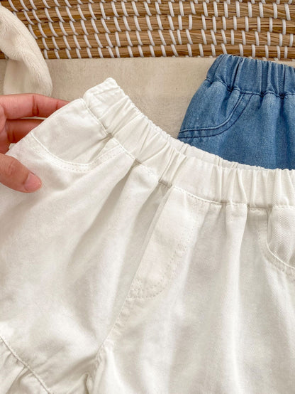 Summer Baby Girl Solid Color Ruffle Trim Denim Shorts-5