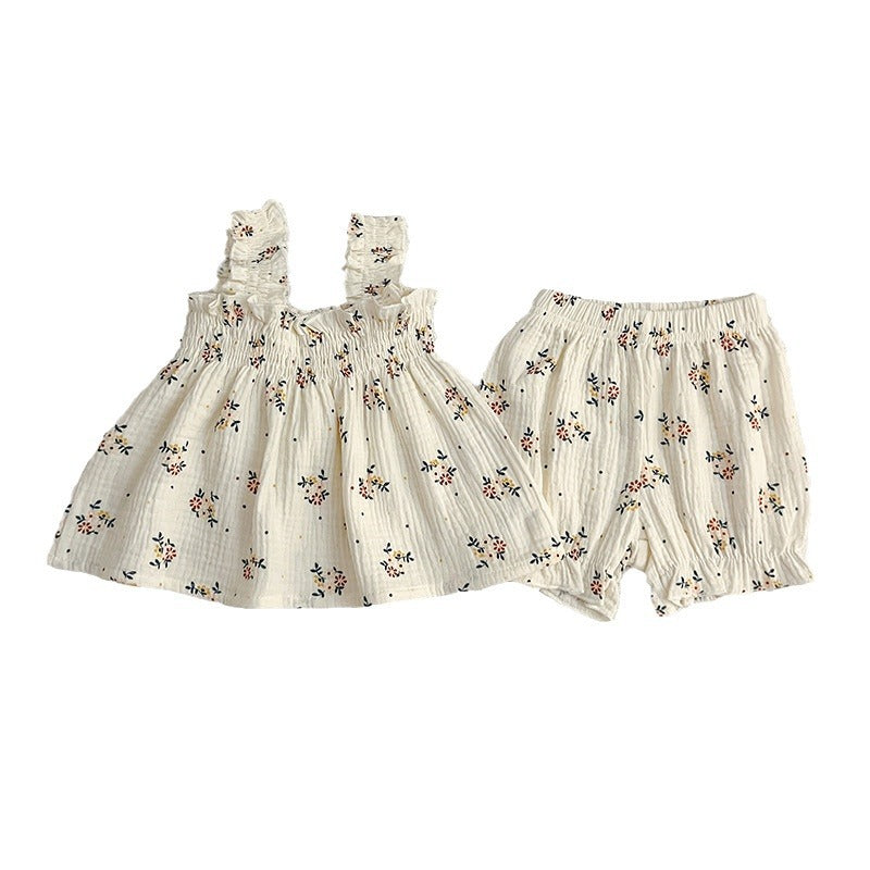 Summer Hot Selling Baby Girls Sleeveless Floral Pattern Strap Top Dress And Shorts Clothing Set-1