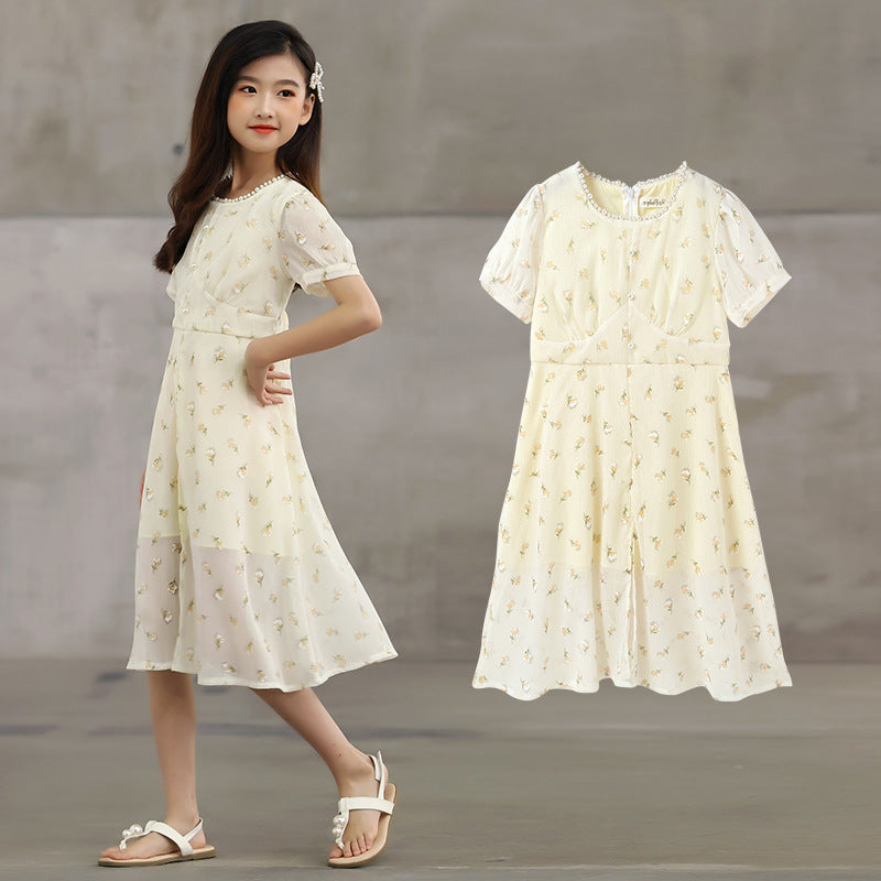 New Arrival Summer Kids Girls French Style Chiffon Fashion Short Sleeves Floral Dress-0