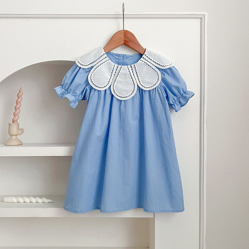 New Design Summer Girls Hollow Out Flower Collar Short Sleeveless Onesies And Short Sleeves Dress – Sister Matching Clothing Set-4