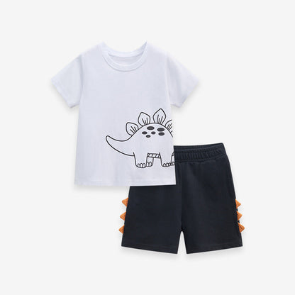 Baby And Kids Boys Dinosaur Cartoon Short Sleeves Top And Shorts Casual Clothing Set-0