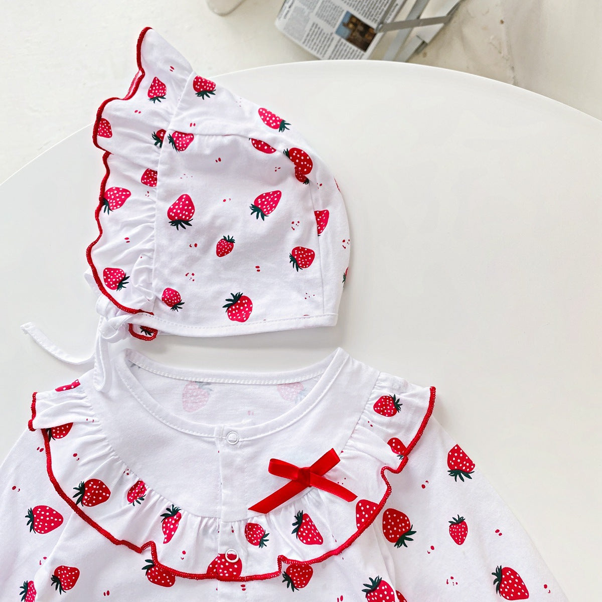 Baby Girl Allover Strawberries Pattern Ruffle Design Button Front Romper-5