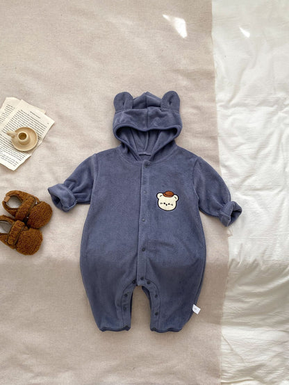 Baby Unisex Cute Little Bear Head Design Long Sleeve Romper With Hat In Winter-1