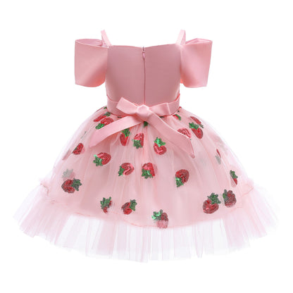 Baby Girl Strawberry Sequins Pattern Bow Tie Design Sling Tutu Formal Dress-5