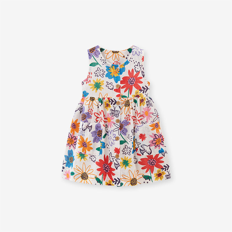 Summer Girls Sleeveless Colorful Floral Pattern Dress-0