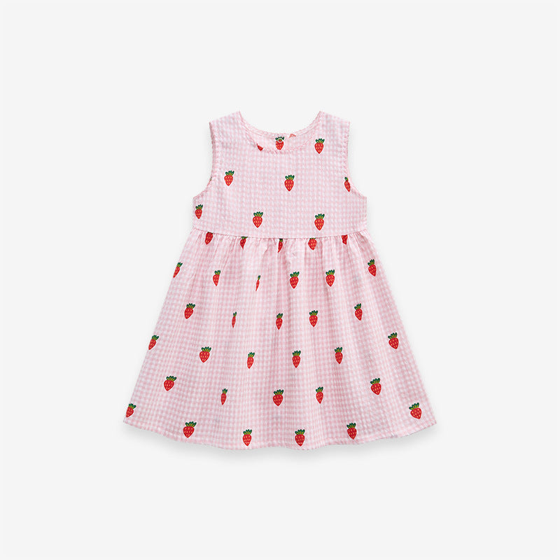 Summer Girls Sleeveless Carrots Print Pattern Plaid Dress-0