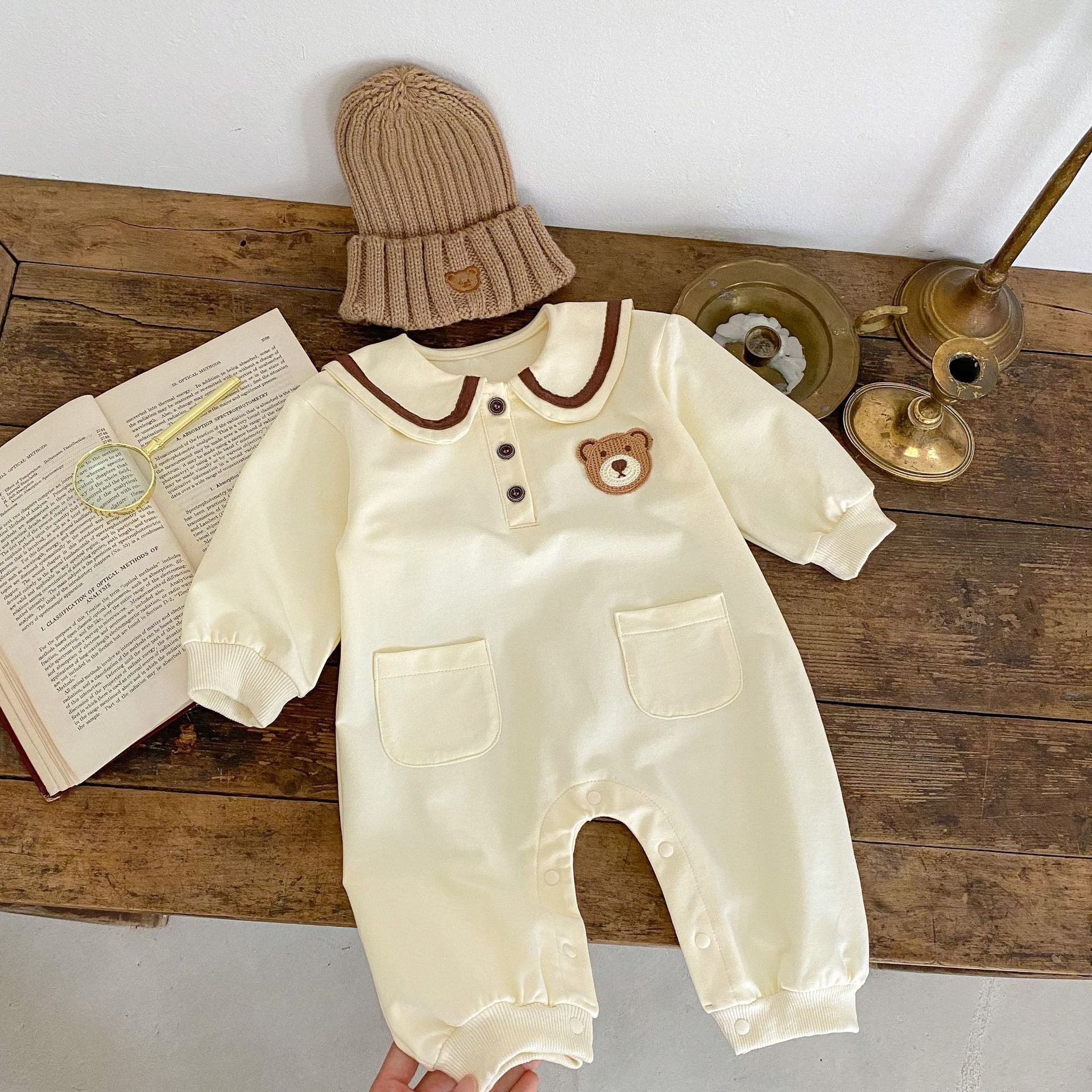 Baby Cartoon Bear Patched Pattern Cute Style Romper And Coat-5