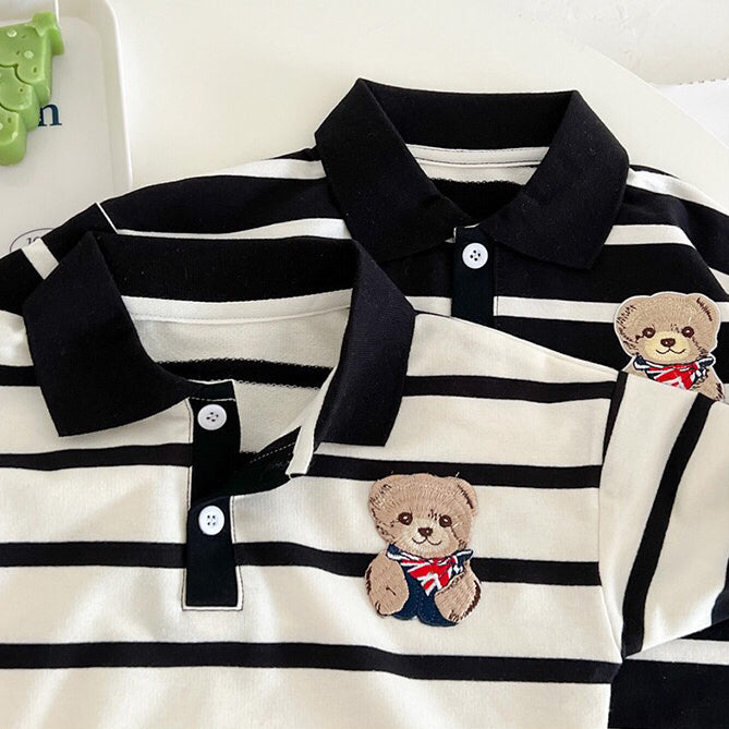 Baby Cartoon Bear Print &amp; Striped Pattern Polo Neck Long Sleeve Romper-1