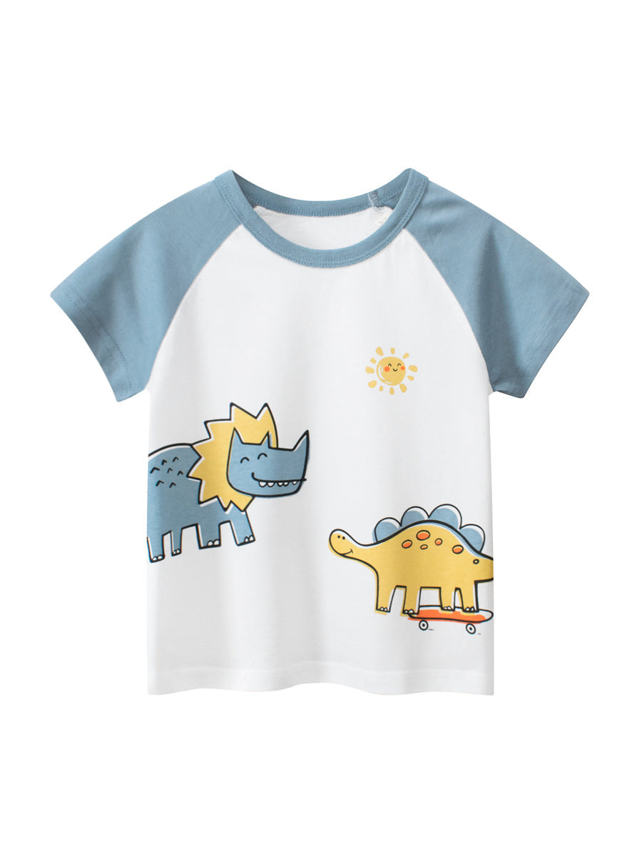 Boys’ Cartoon Animals Print Color Patchwork T-Shirt In European And American Style-0