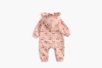 Baby Girl Allover Cherry Print Ruffle Design Single Breasted Romper-5