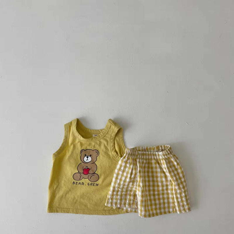 Baby Bear Print Pattern Tops With Plaid Shorts Sets-5