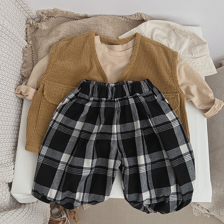 Baby Classic Plaid Pattern Loose Cotton Trousers-5