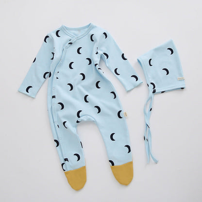 Baby Printed Graphic Side Button Design Long Sleeved Jumpsuit Romper Pajamas With Hat-5