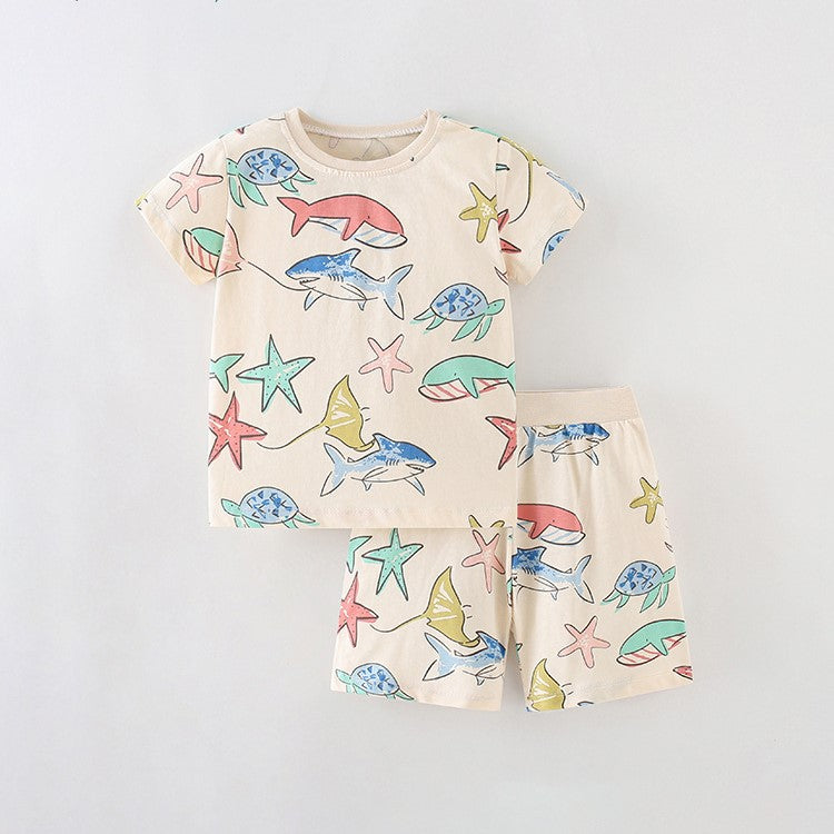 Summer Baby Kids Girls Marine Animals Cartoon Pattern Short Sleeves T-Shirt And Shorts Casual Clothing Set-0