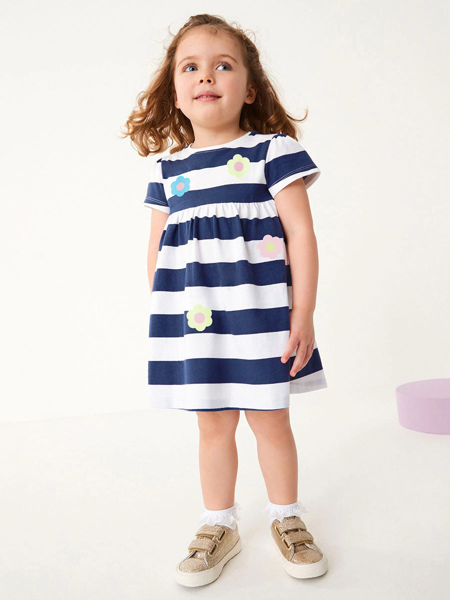 Spring And Summer Baby Girls Navy Blue Striped Floral Short Sleeves Dress-4