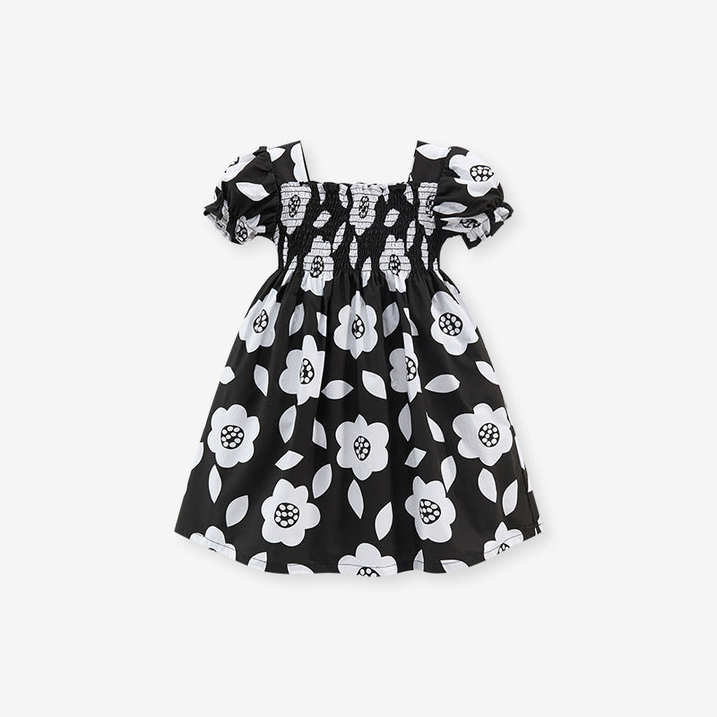 Baby Girls Square Neck Short Sleeves Black Floral Dress-0