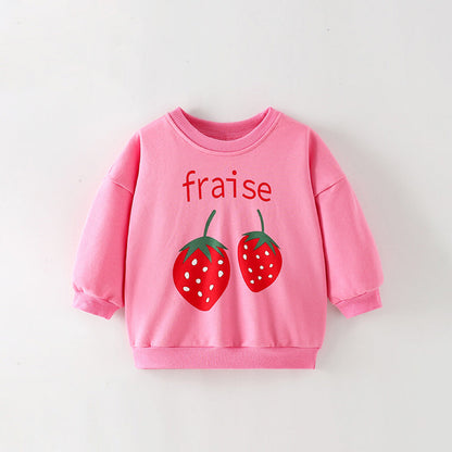 Baby Girl Strawberry Print Pattern Crewneck Terry Hoodies-0