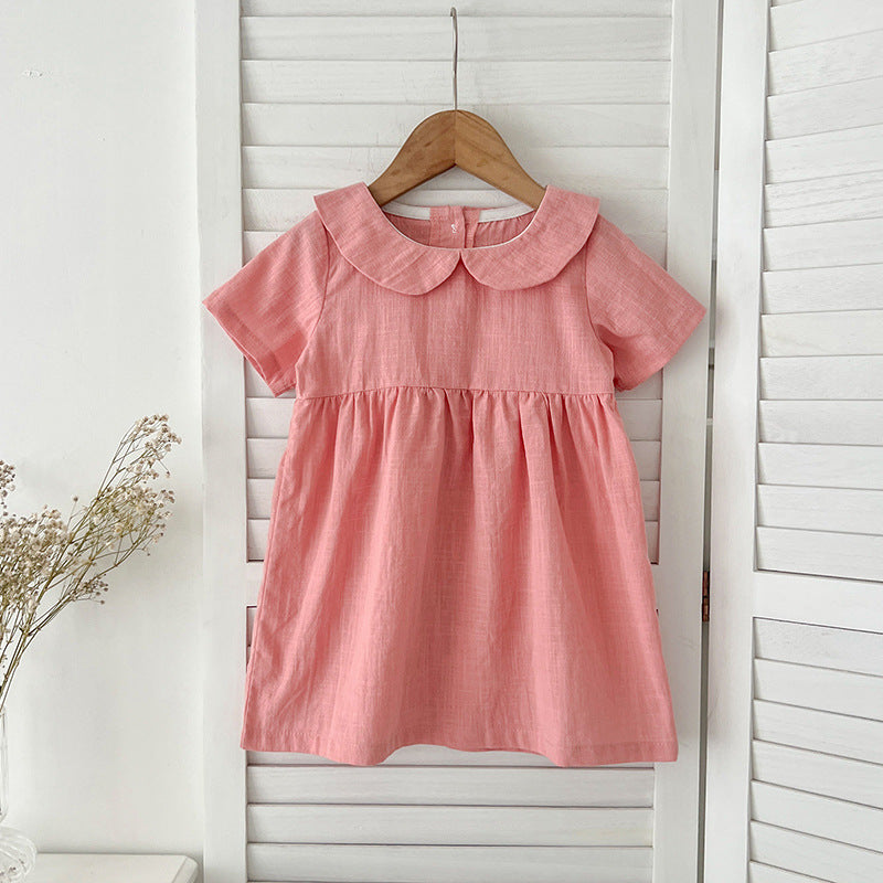 Summer Hot Selling Girls’ Solid Color Short Sleeves Peter Pan Collar Cotton Comfy Dress-3