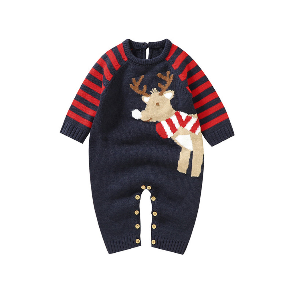 Baby Cartoon Elk Graphic Side Striped Sleeve Knitted Romper-5