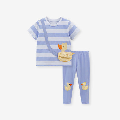 Summer Girls Ducks Cartoon Striped T-Shirt And Pants Set-0