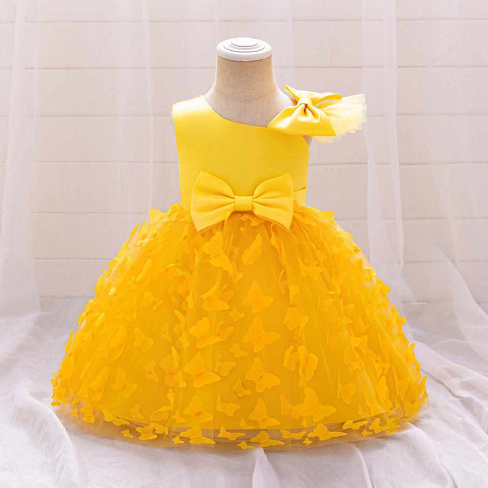 New Design Summer Baby Kids Girls Sleeveless Butterfly Pattern Mesh Bow Tied Strap Dress-4