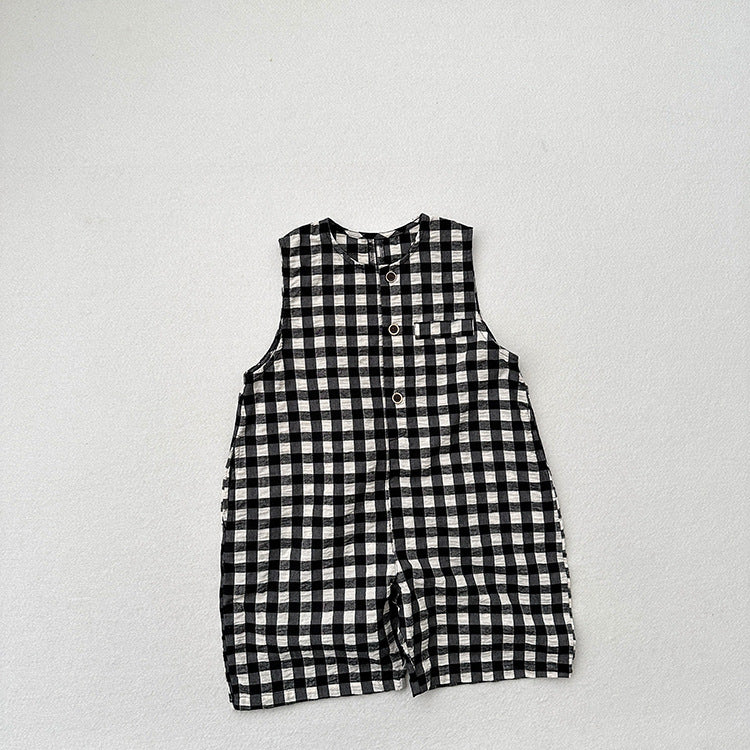 New Arrival Summer Baby Kids Unisex Black Plaid Sleeveless Single Breasted Cotton Romper-4