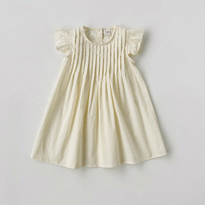 Summer New Arrival Kids Girls Fly Sleeves Solid Color Pleated Dress-3