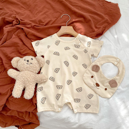 Baby Bear Pattern Removable Drooling Towel Summer Romper-0