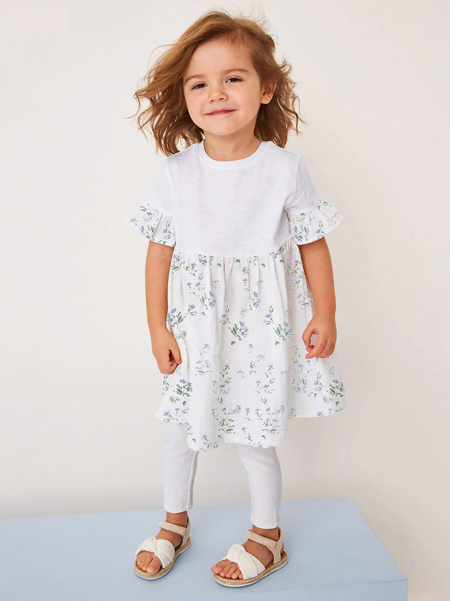 Summer Baby Kids Girls Floral Print Patchwork Dress And White Pants Clothing Set-5