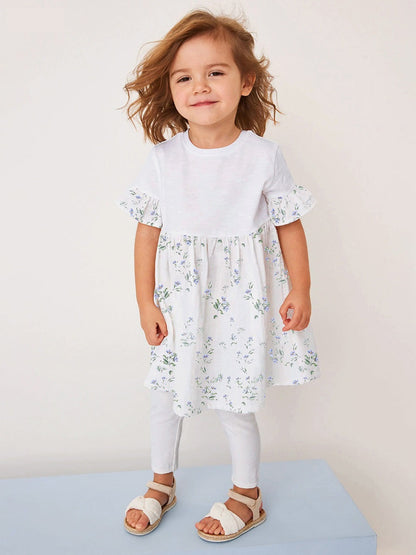 Summer Baby Kids Girls Floral Print Patchwork Dress And White Pants Clothing Set-5