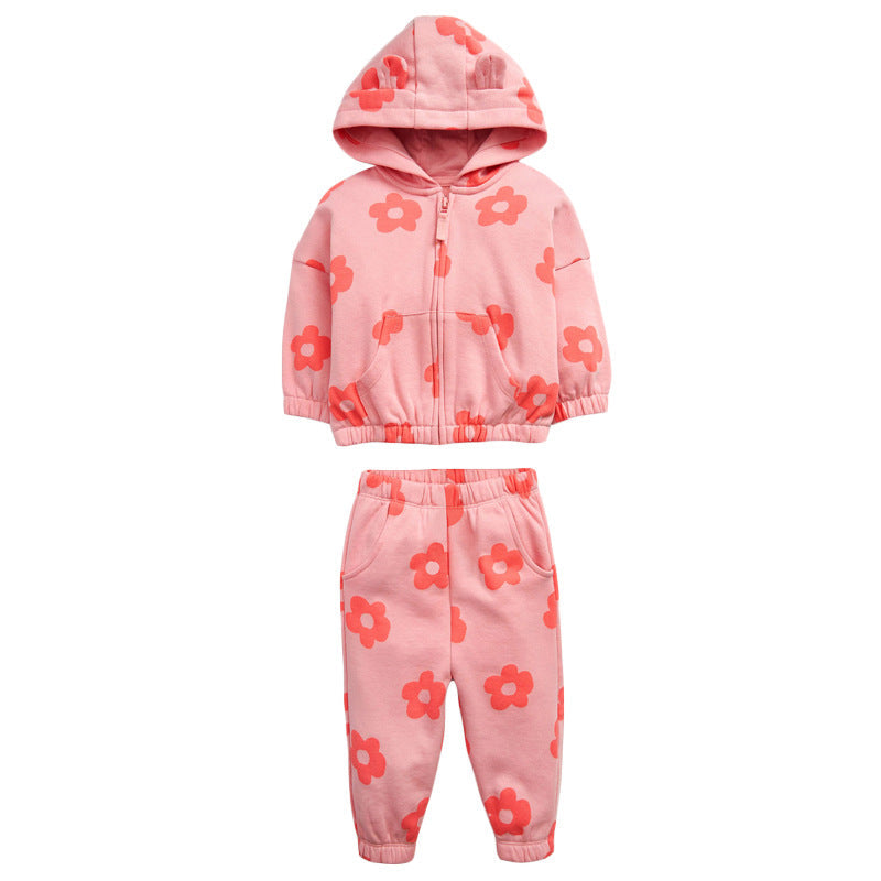 Baby Girl All Over Flower Graphic Zipper Hoodie Coat &amp; Trousers 2 Pieces Sets-0