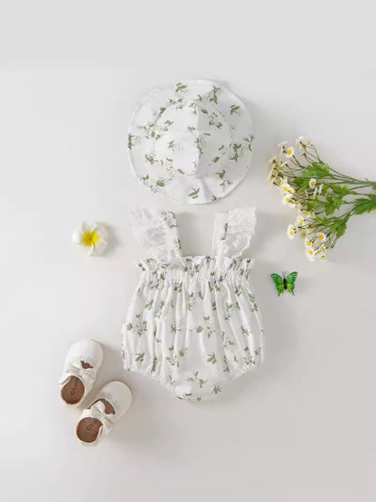 Summer New Design Baby Girls Floral Pattern Fly Sleeves Strap Onesies-0