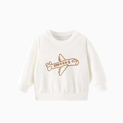 Baby Plane Embroidered Pattern Solid Color Long Sleeve Quality Hoodie-0