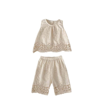 New Design Summer Baby Kids Girls Floral Embroidery And Hollow-Out Pattern Dress And Shorts Clothing Set-0