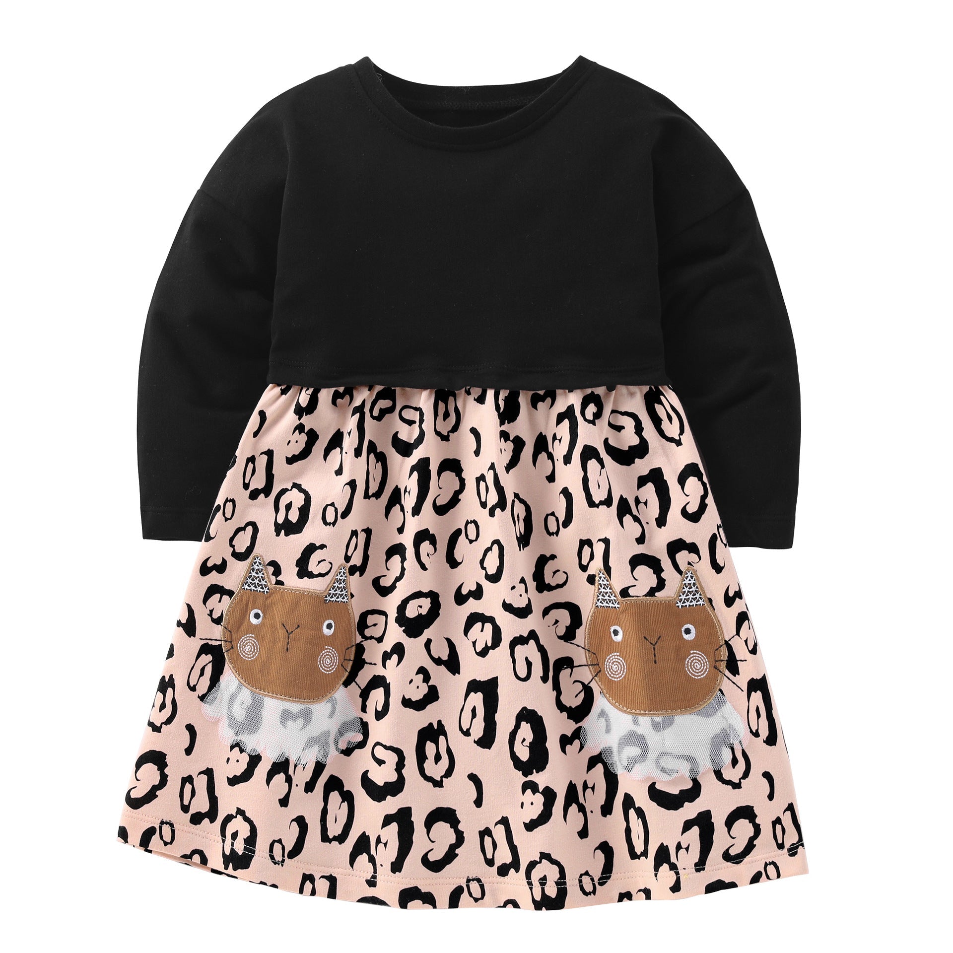 Baby Girl Cat Embroidered Pattern Patchwork Design Dress-4