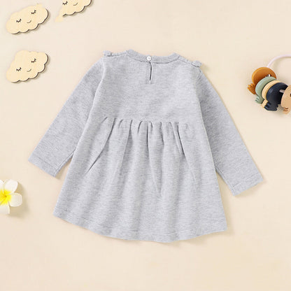 Baby Girl Flower Patched Pattern Solid Color Knitted Dress-4