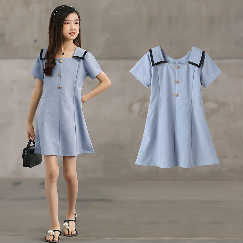 New Design Summer Kids Girls French Style Simple Square Neck Turndown Collar Dress-4