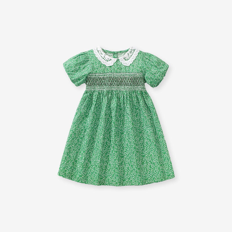 Summer Baby Kids Girls Short Sleeves Lace Collar Vine Print Dress-0