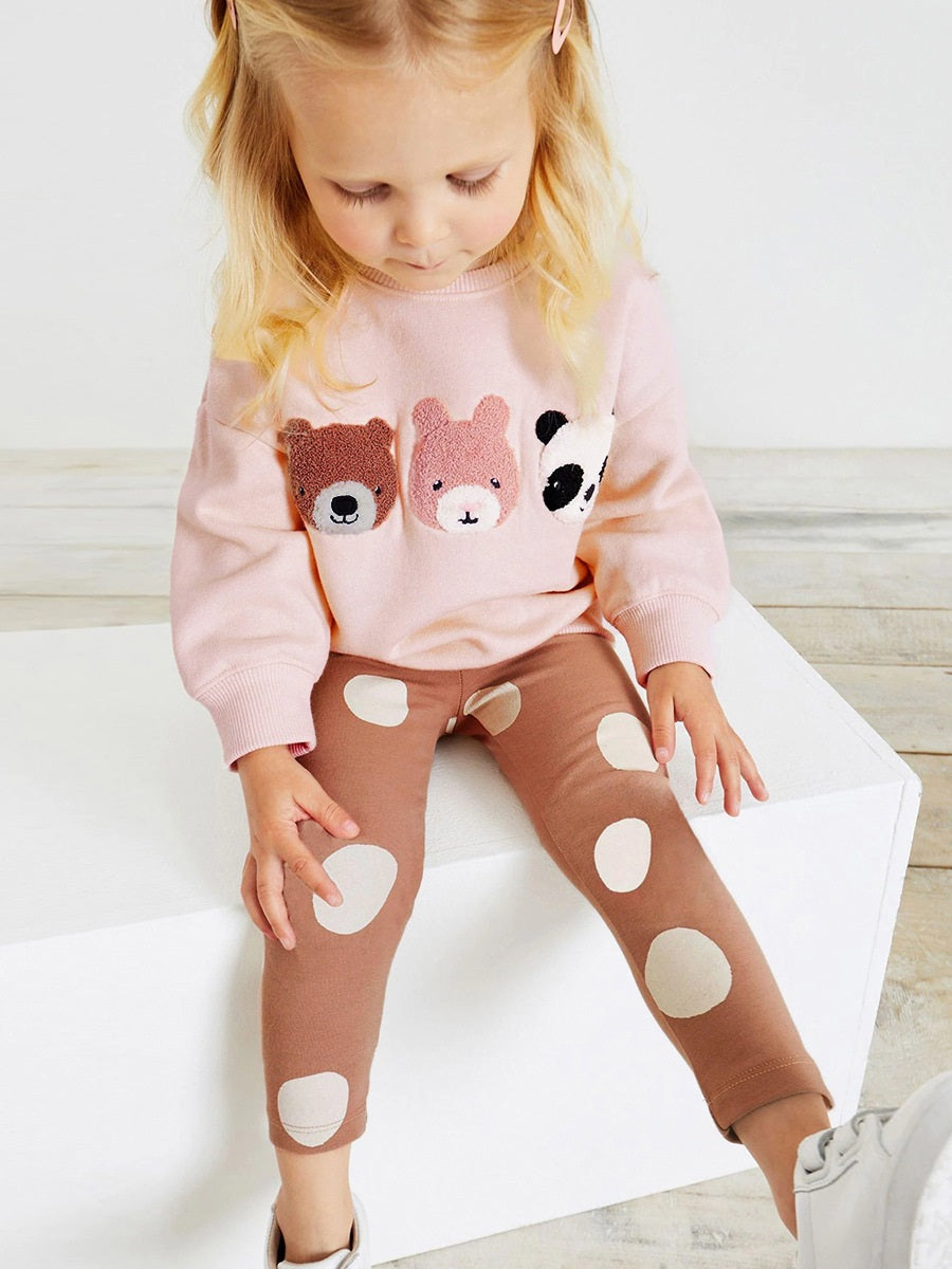 Spring Baby Kids Girls Animals Embroidery Long Sleeves Pullover And Polka Dots Pants  Clothing Set-4