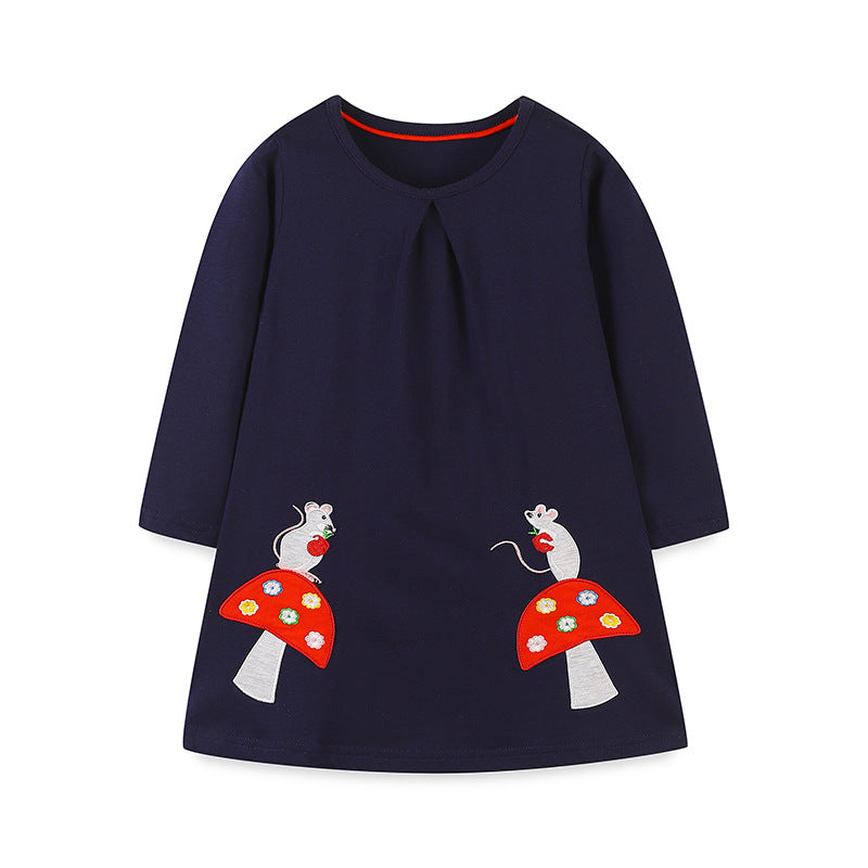 Girls’ Cartoon Pattern Embroidery Crew Neck Dress-1