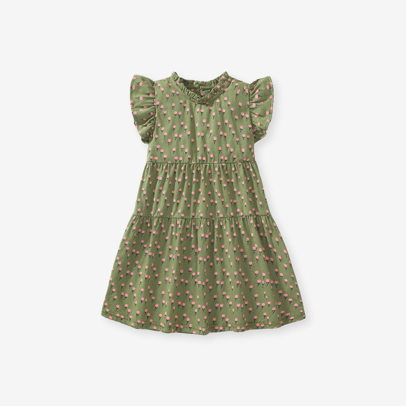 Baby Girls Flowers Print Army Green Sleeveless Dress-0