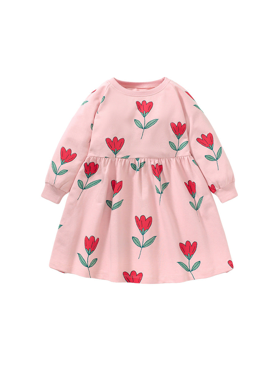 Spring Grils Baby Kids Long Sleeve Floral Pink Princess Dress-4