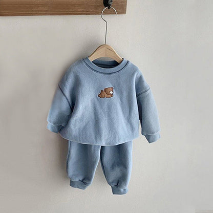 Baby Cartoon Bear Patched Graphic Hoodies Combo Solid Trousers Casual 2 Pieces Sets-5